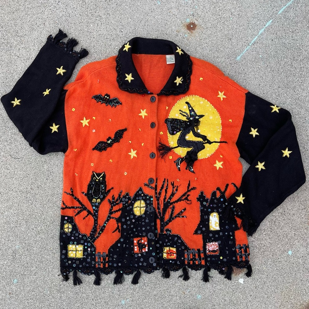 Halloween Witch & Owl Button-Front Cardigan Sweater - Orange & Black